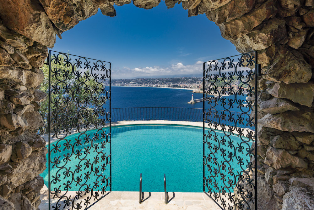 stone archway overlooking pool
