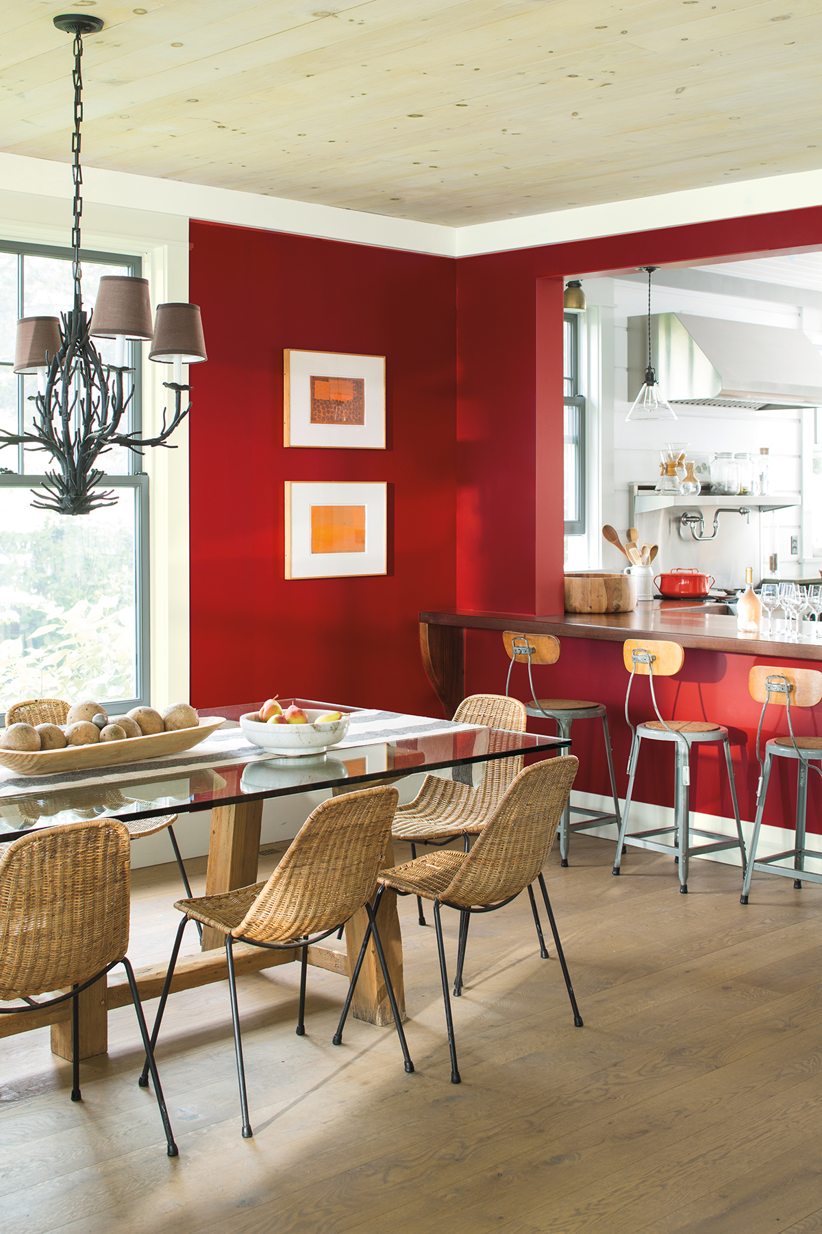 bright red walls in dining room