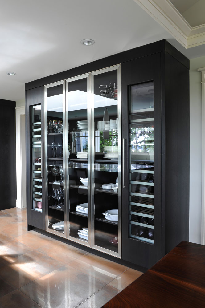 dark wood and steel pantry and wine fridge with five panels