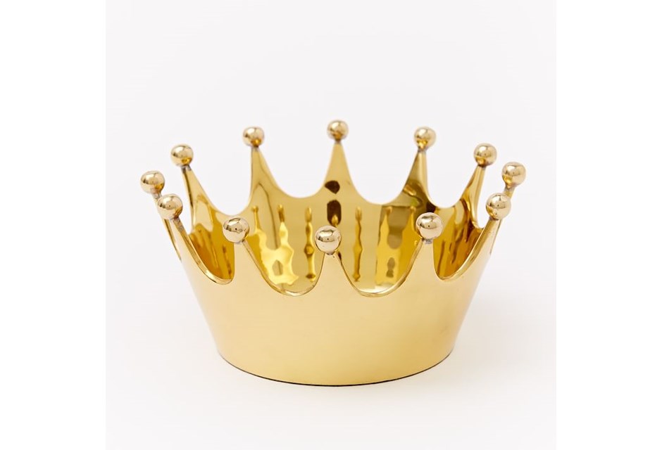 A brass-finished aluminum crown-shaped catchall dish
