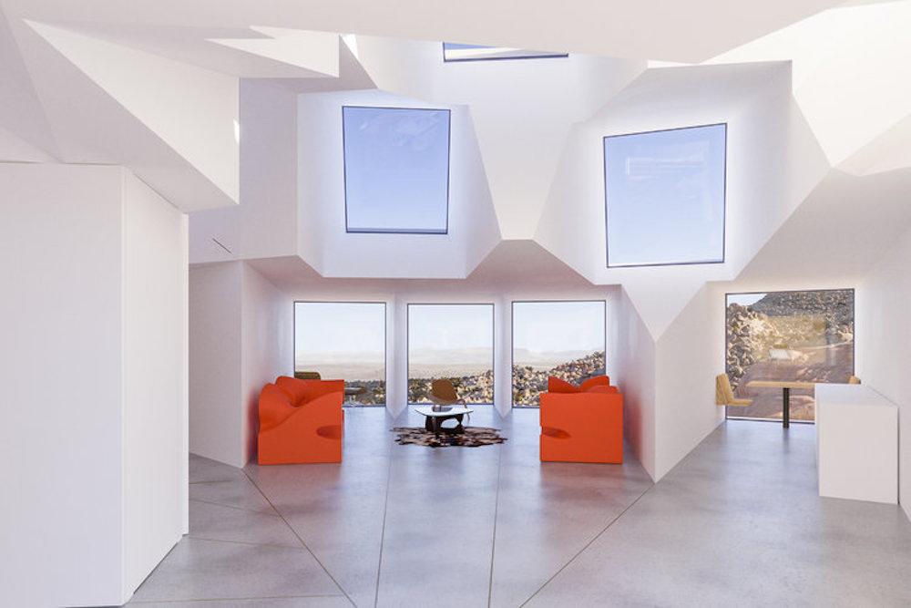 Interior of the starburst pattern container home with views the desert