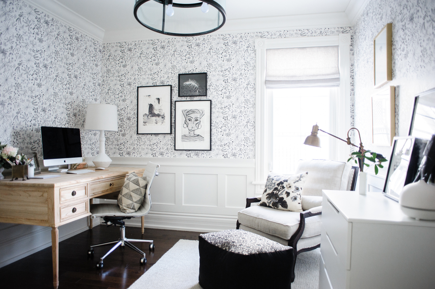 Contemporary Home Office with Black and White Wallpaper