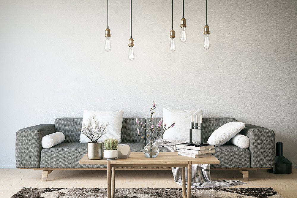Modern living room with Edison bulbs