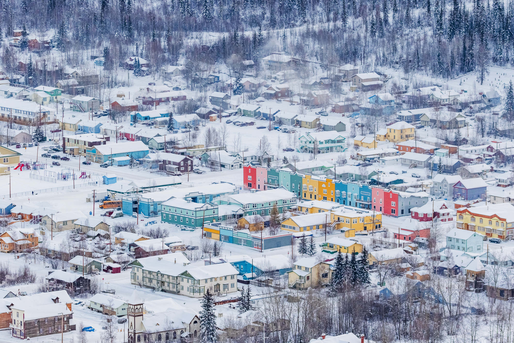 A small mountain town in winter,aerial shot.