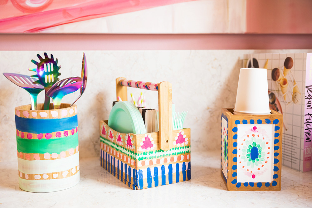 Brightly decorated wooden home organizers