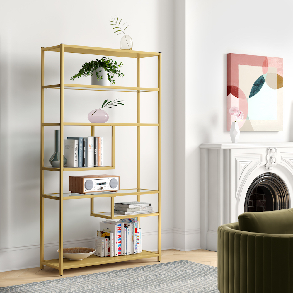 Gold steel bookcase in elegant living room