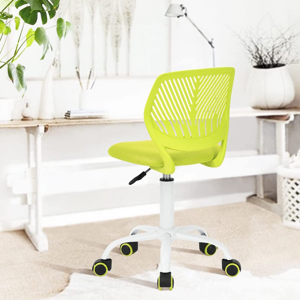 green desk chair and white desk
