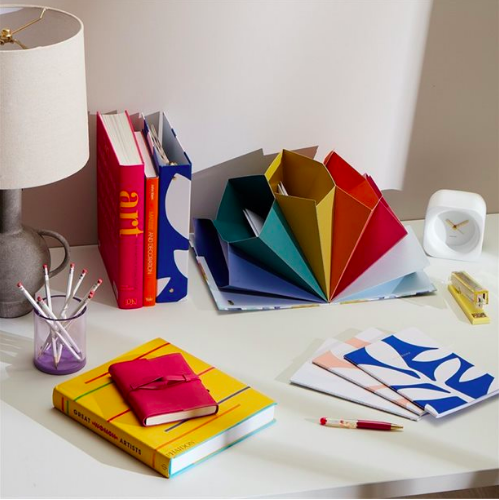 desk with colourful expandable file folder