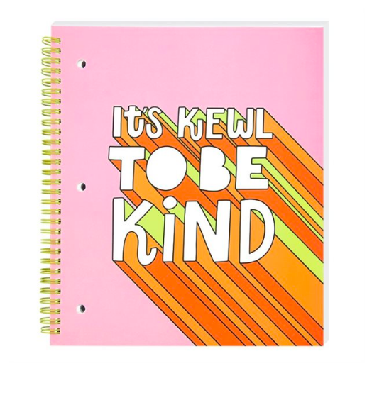 pink spiral notebook with It's Kewl to be Kind on cover