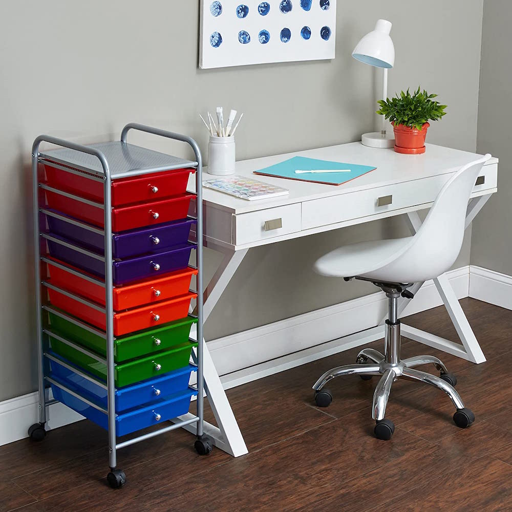colourful rolling organizer and white desk