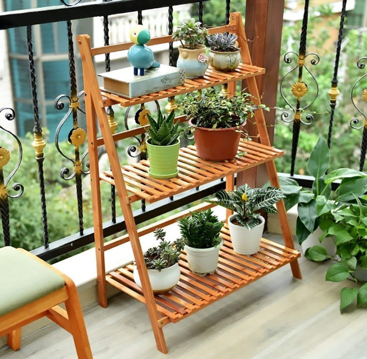 Bamboo plant stand on condo/apartment balcony