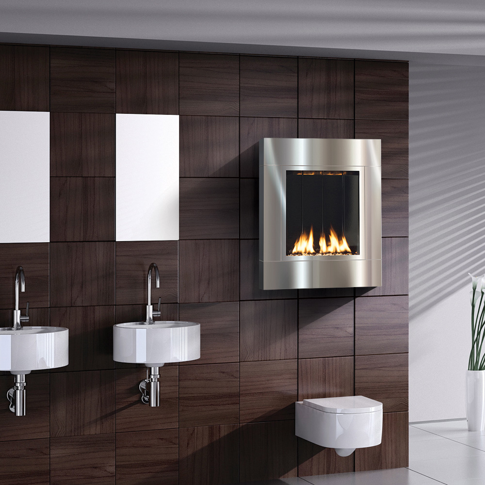 Bathroom with two small sinks and a wall-mounted fireplace