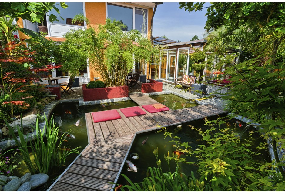 A backyard deck that overlooks a Koi pond