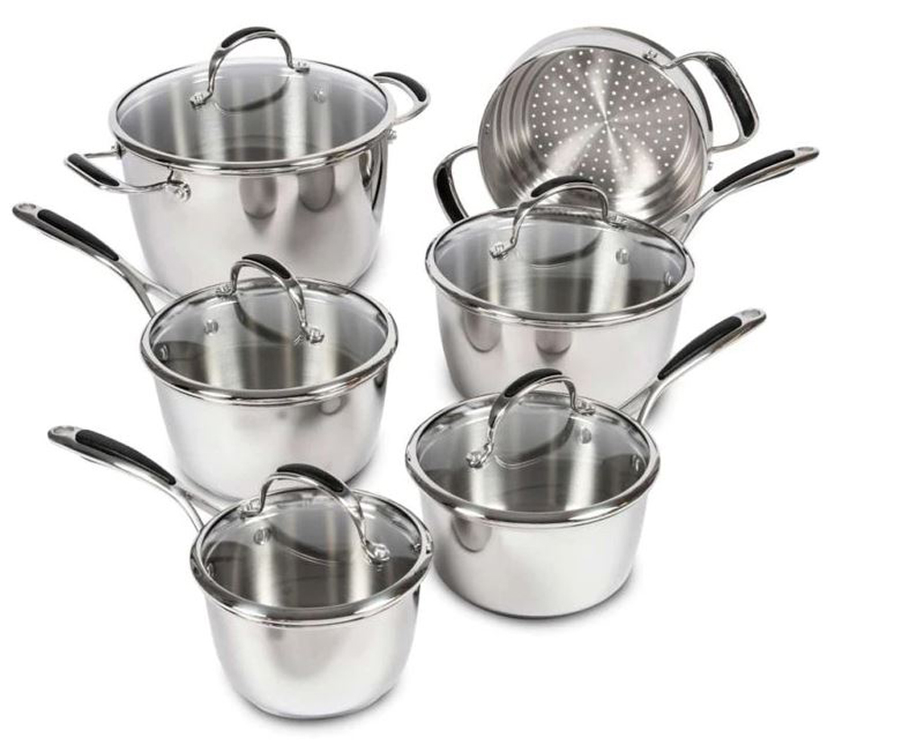 An 11-piece stainless steel cookware set