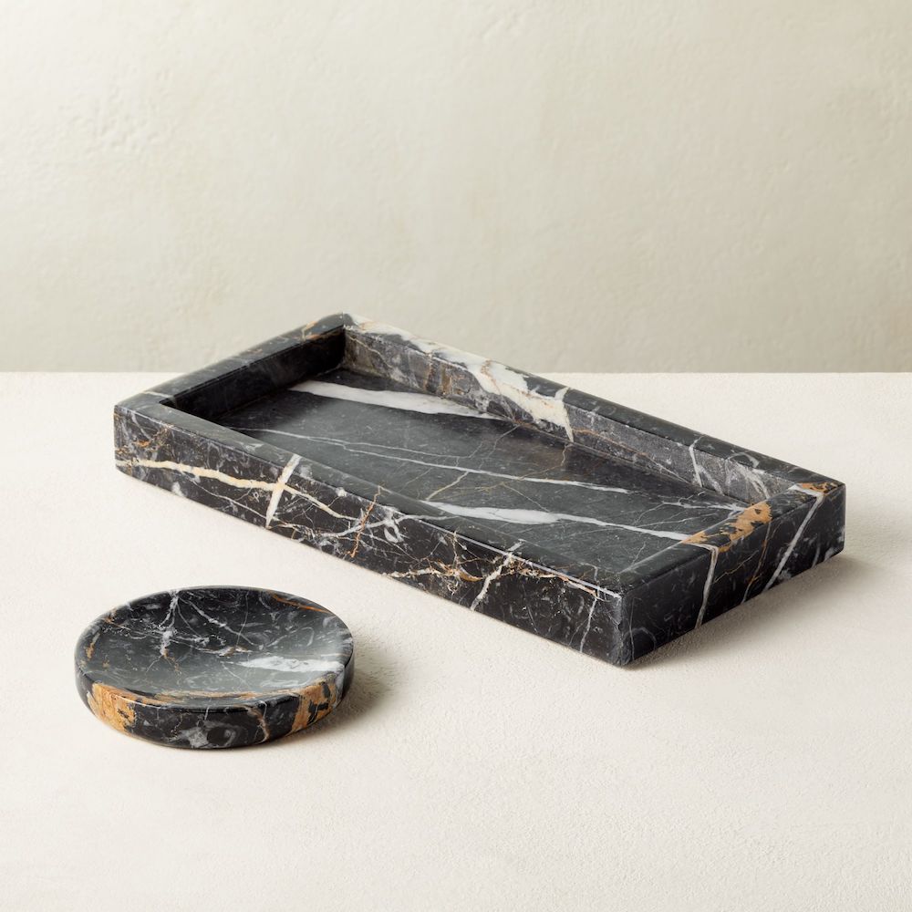 Black marble toiletries tray and soap dish