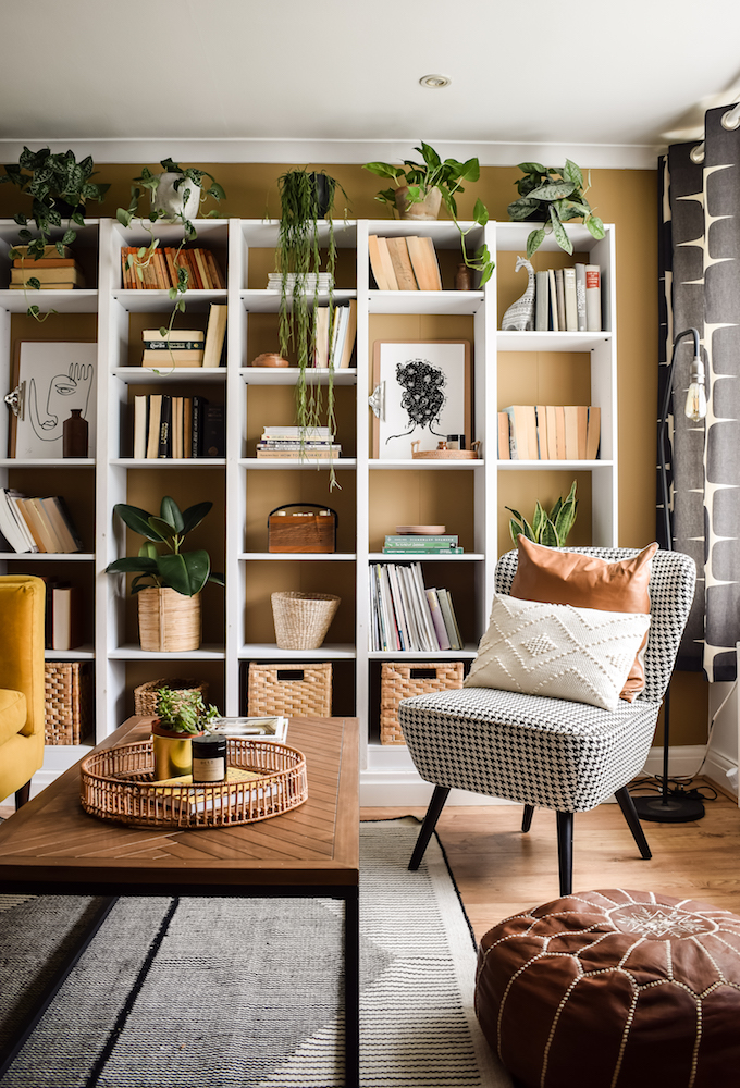 white shelves with books in modern living room