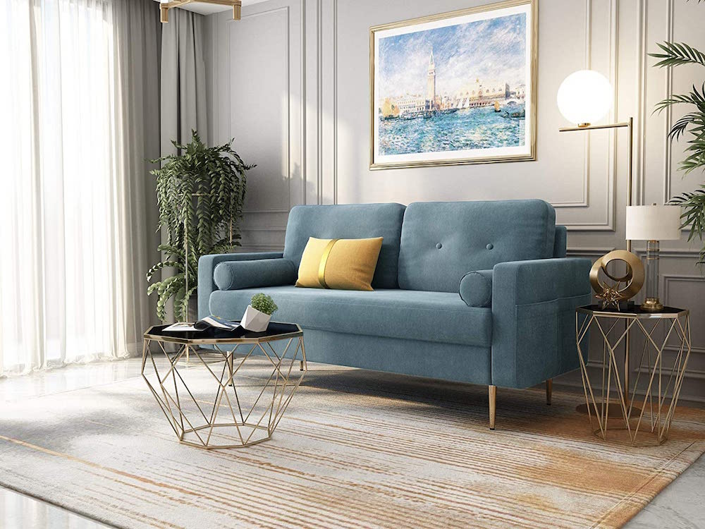 steel blue velvet couch in modern living room