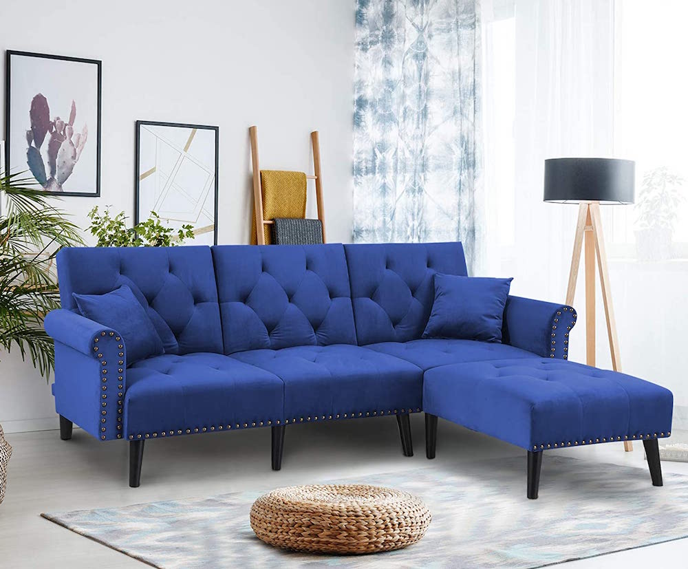 blue sectional couch in modern white living room