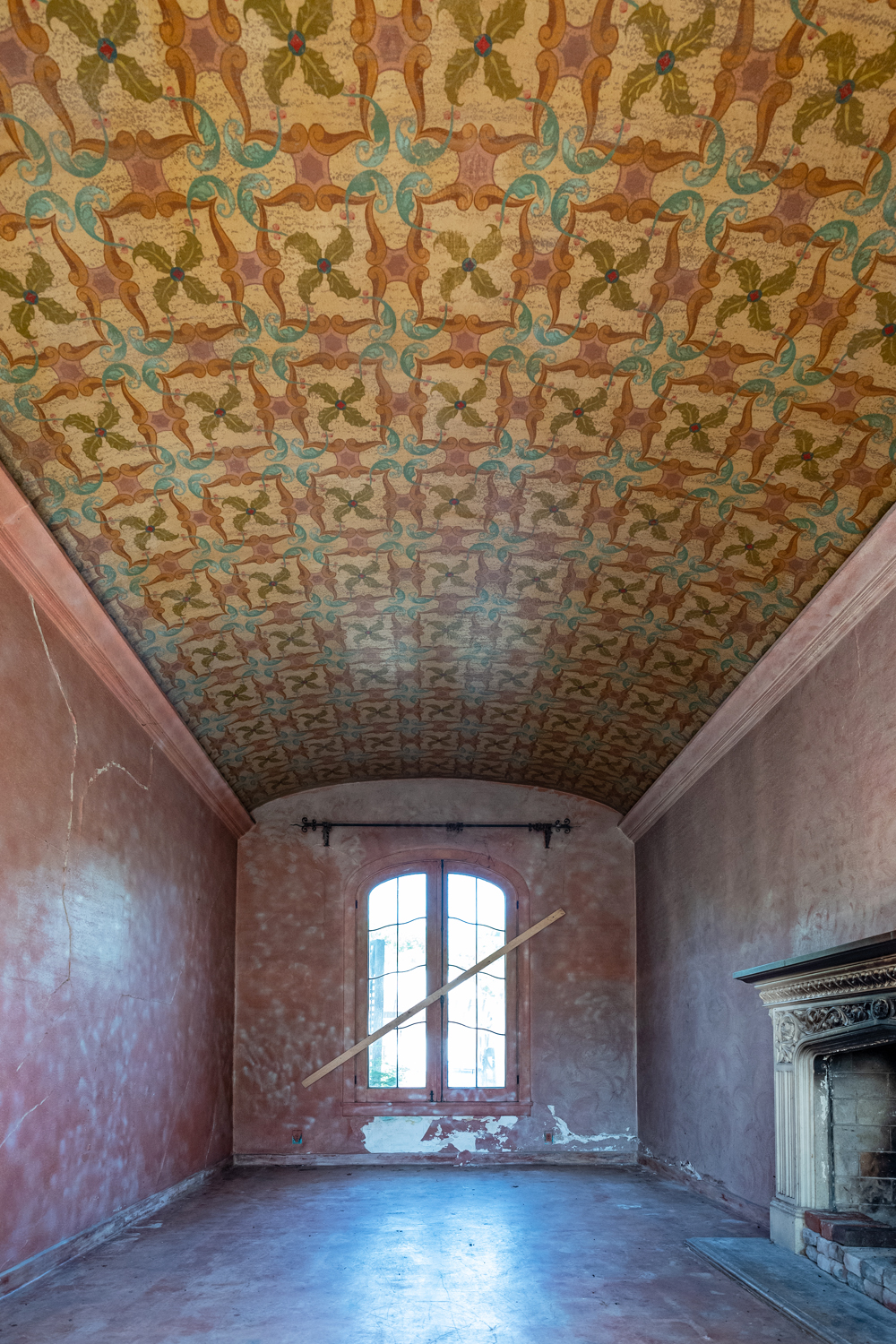 A gorgeous painted barrel ceiling that is more than 100 years old
