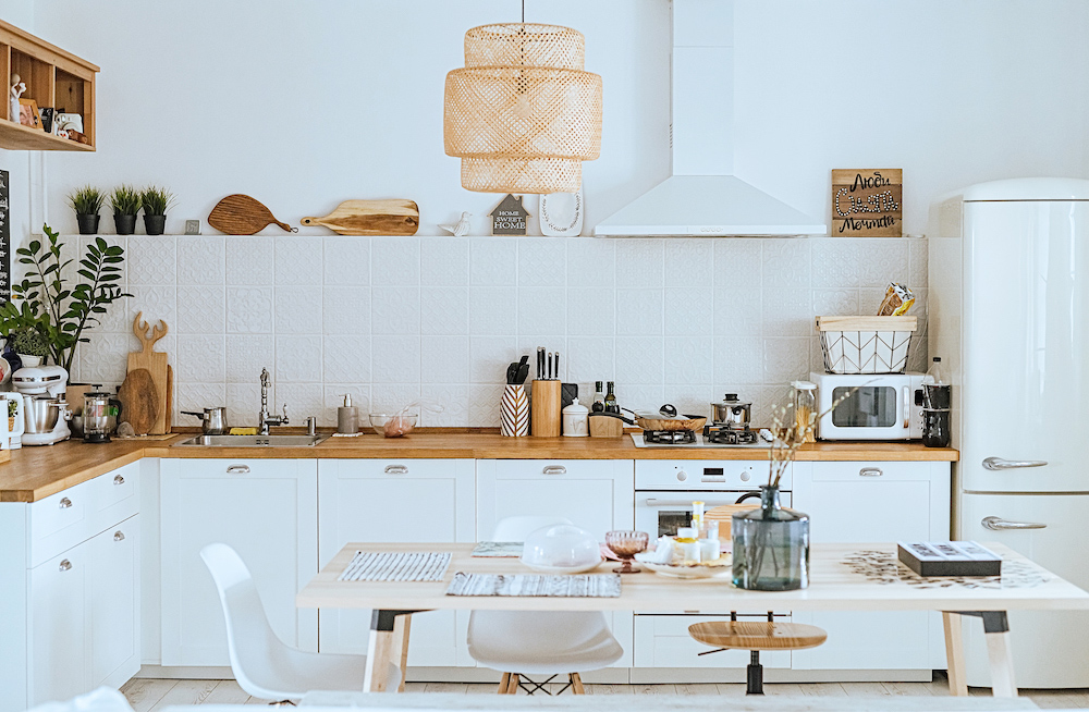 A Scandinavian-inspired kitchen with open shelving