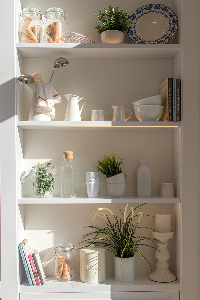 White kitchen shelves
