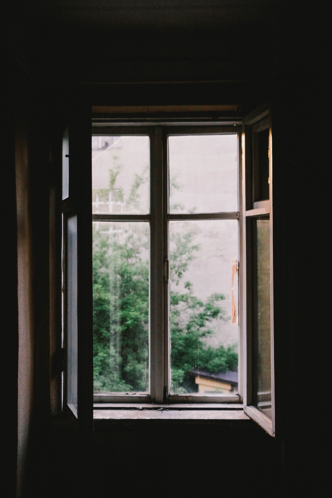 Open window with view of verdant greenery.