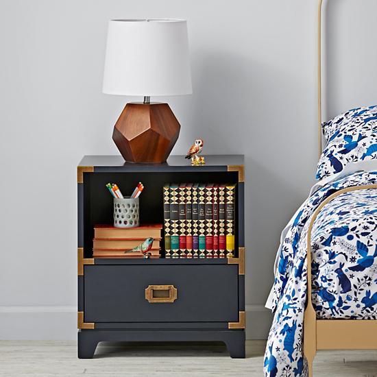 blue nightstand with drawer and brass accents