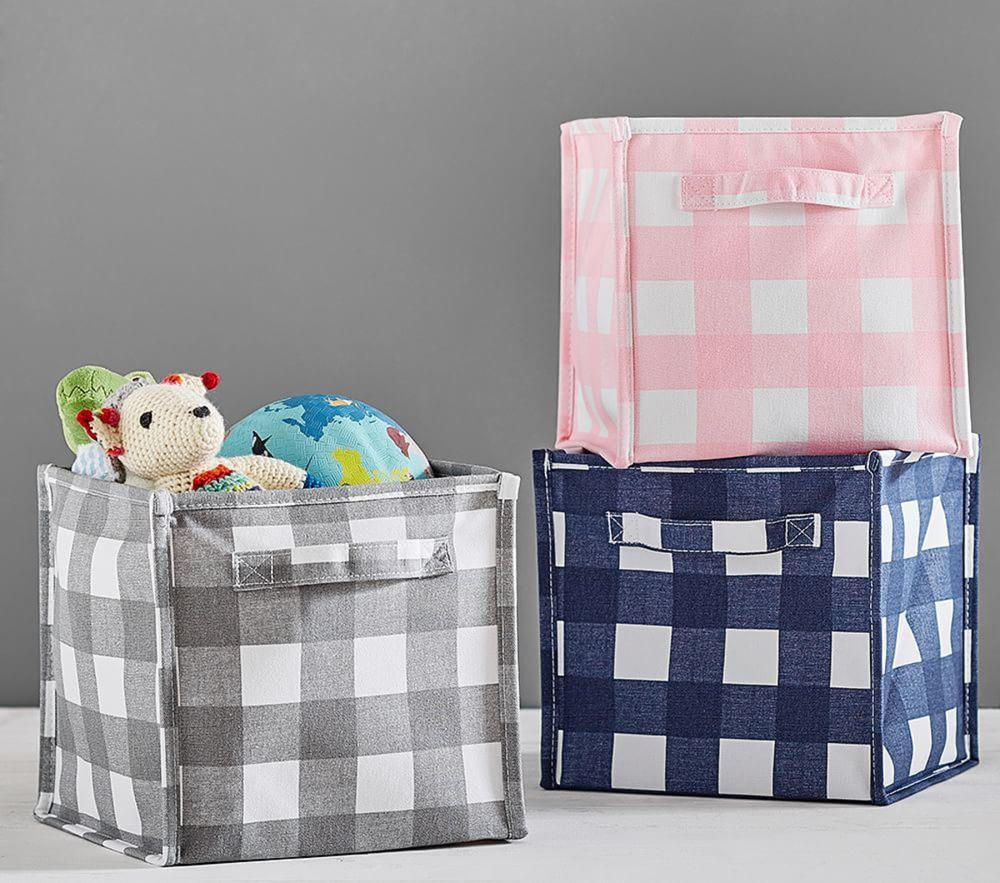 Blue and grey checkered pop-up canvas storage boxes