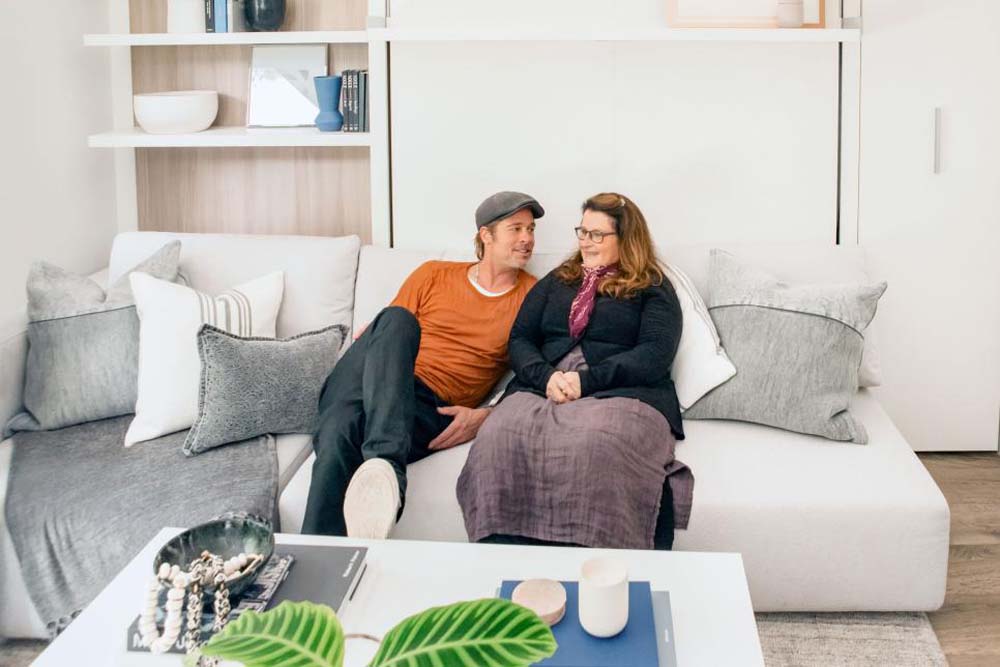 Brad Pitt and Jean Black chat on Jean's new living room couch