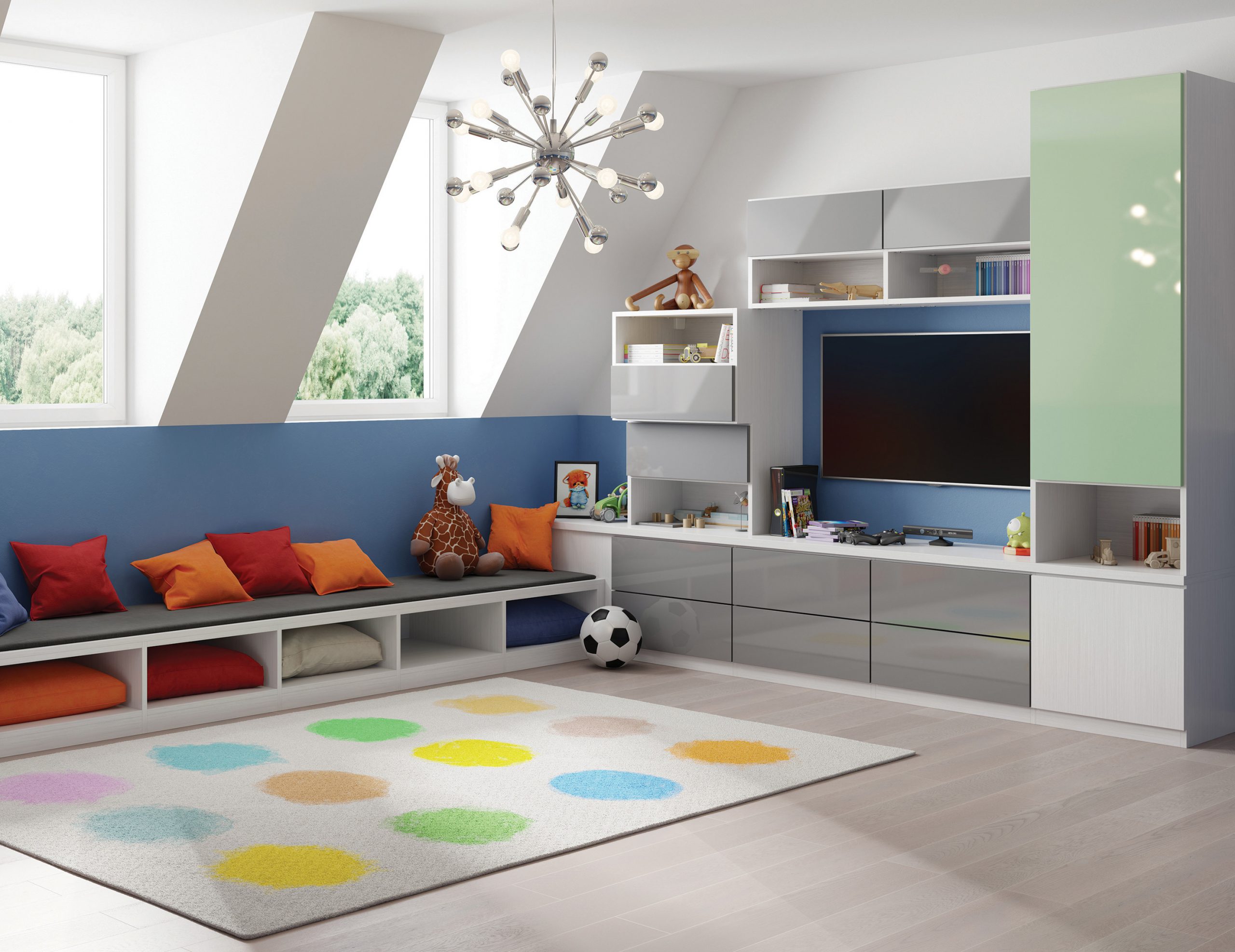 An attic living room with a stylish playroom