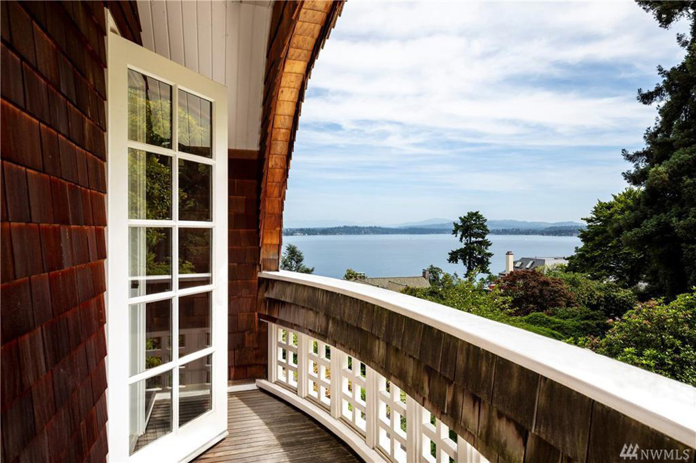 Balcony view of the lake from the second level of the Queen Anne mansion