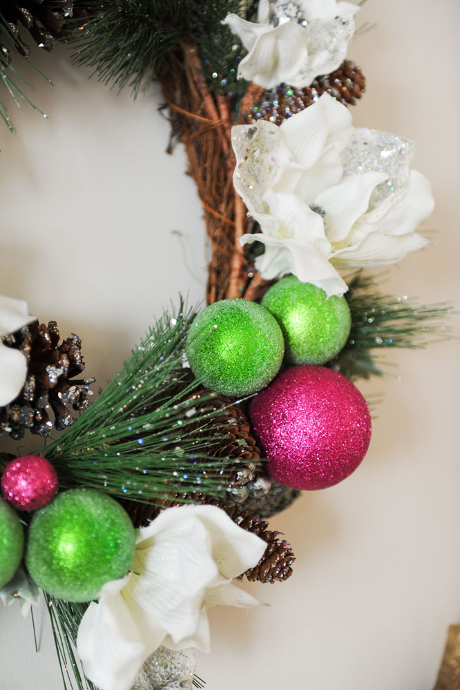 wreath zoom in with glittery lime gree and fuchsia bulbs