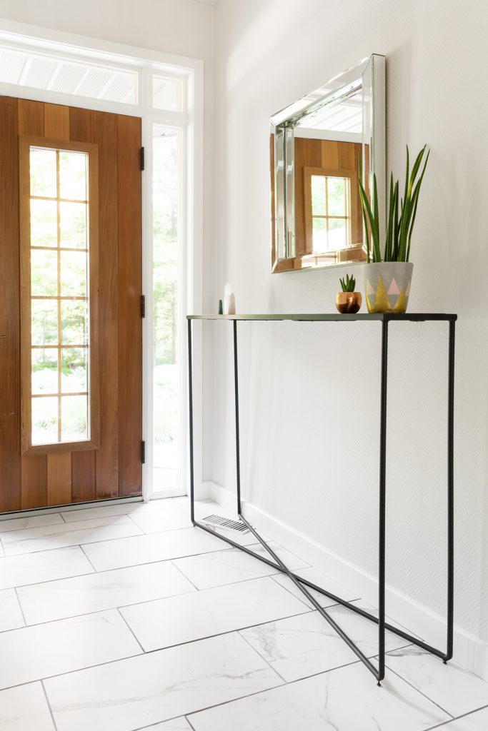 Hallway with plant and sleek modern entryway table