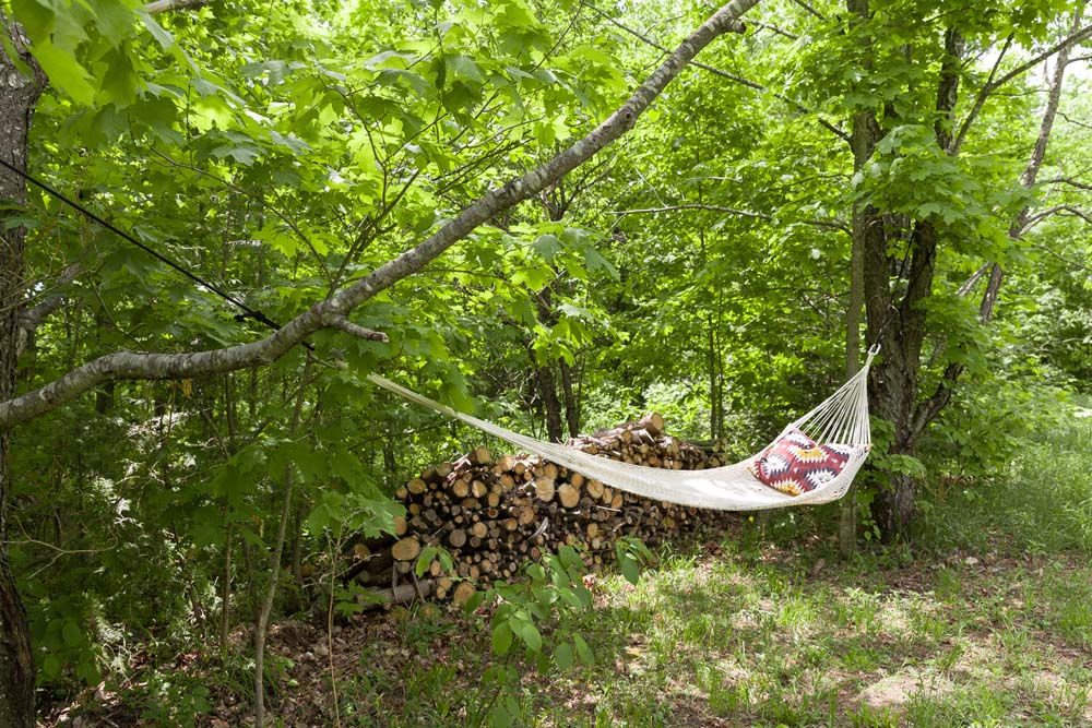 A white hammock strung between two trees in a wooded area
