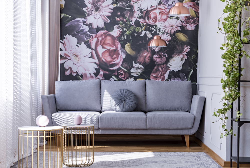 dark-floral wallpaper accent wall in small nook