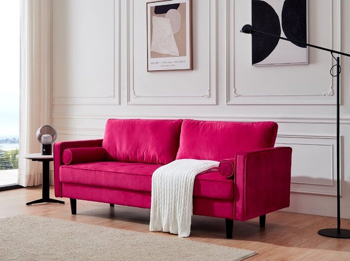 bright cherry-red couch in living room