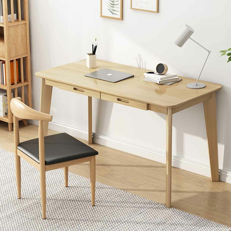 minimalist home office with oak wood desk and chair