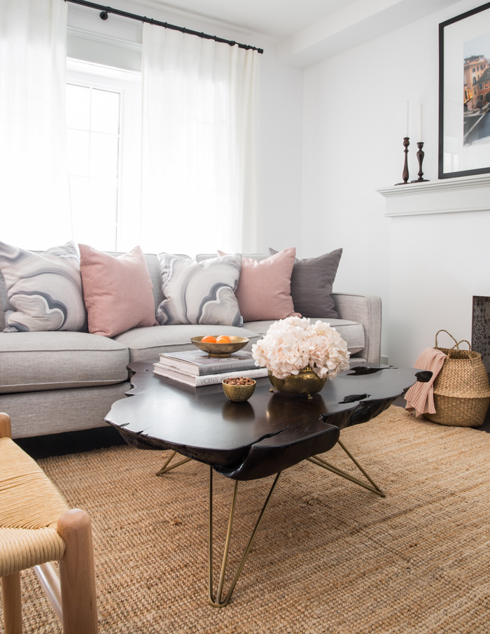 Living room space with grey couch, throw pillows and a pot of flowers on the coffee table