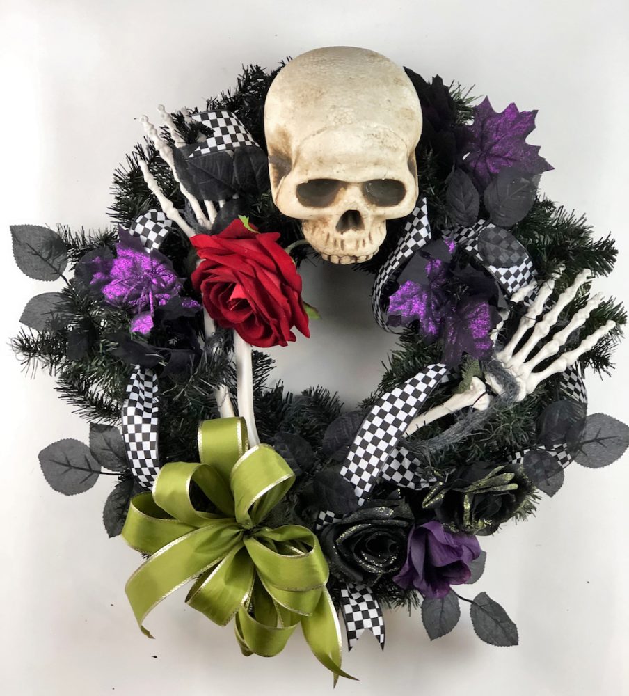 Colourful DIY Halloween skull wreath