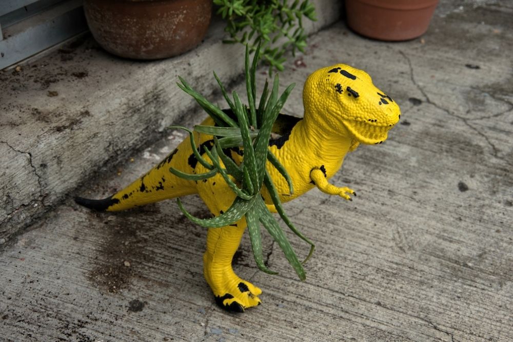 A yellow dinosaur planter with a small green plant.