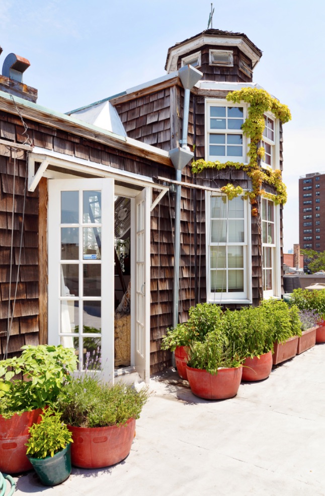 Close-up exterior of rooftop cottage in New York's East Village