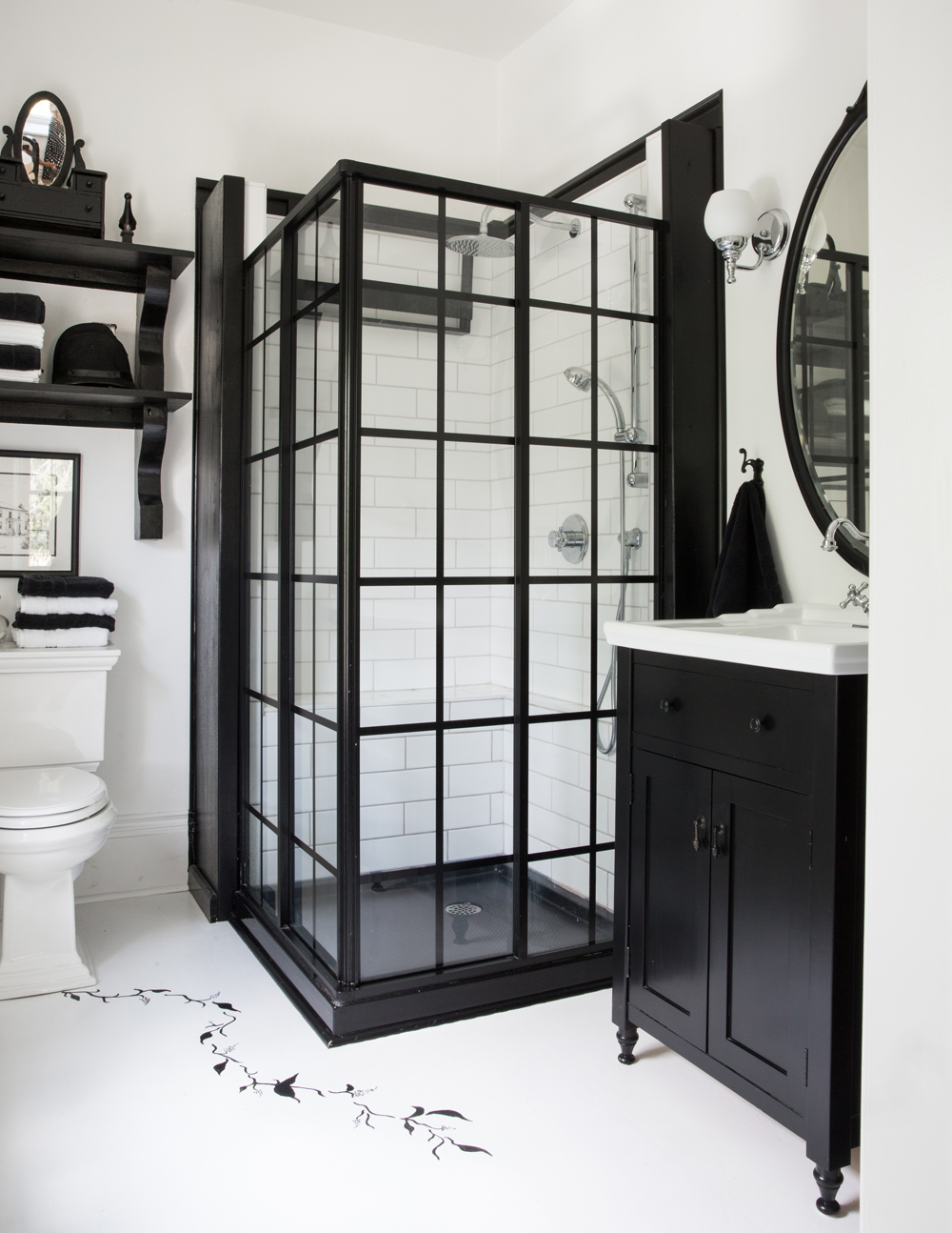 White bathroom with black matte trim and shower