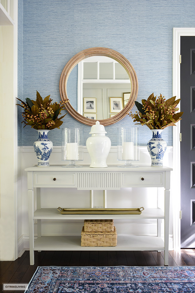 Elegant white and blue vignette in foyer