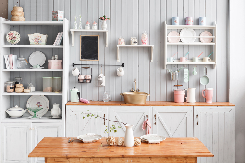 Pink and grey farmhouse-style kitchen.
