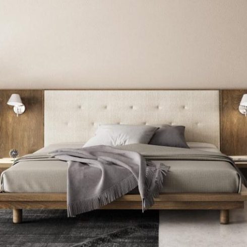 luxe wood bed in cozy, minimal bedroom