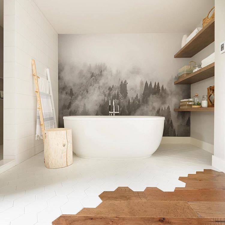Spa bathroom with foggy mountain mural wallpaper