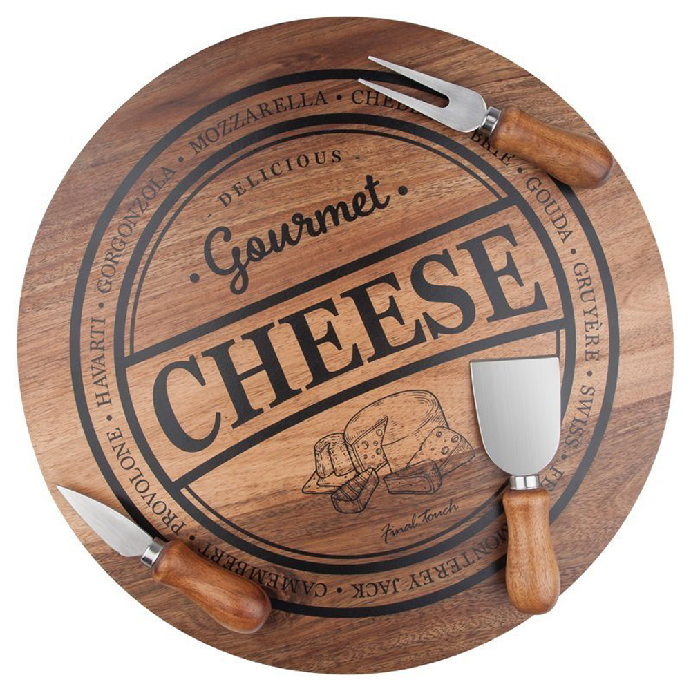 A rustic handmade wood cheeseboard with grooves to pick up crumbs