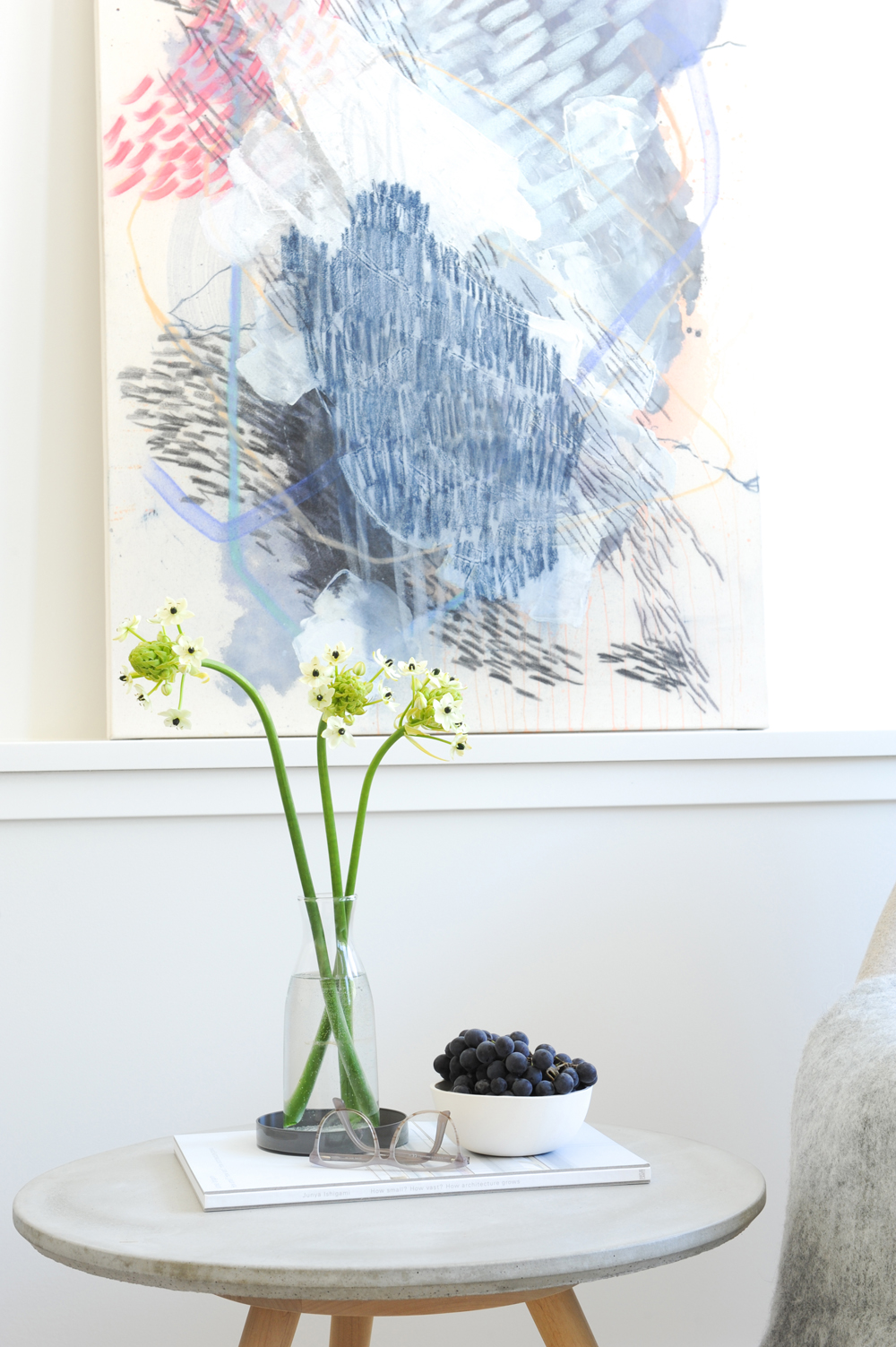 abstract painting, three blooms, bowl of grapes