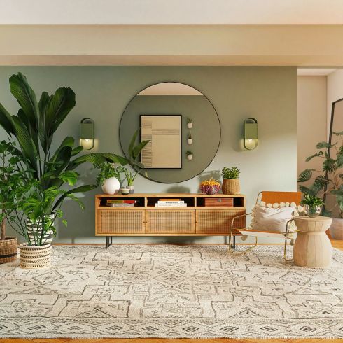 Bohemian style room with patterned rug, large plants and wood furniture.