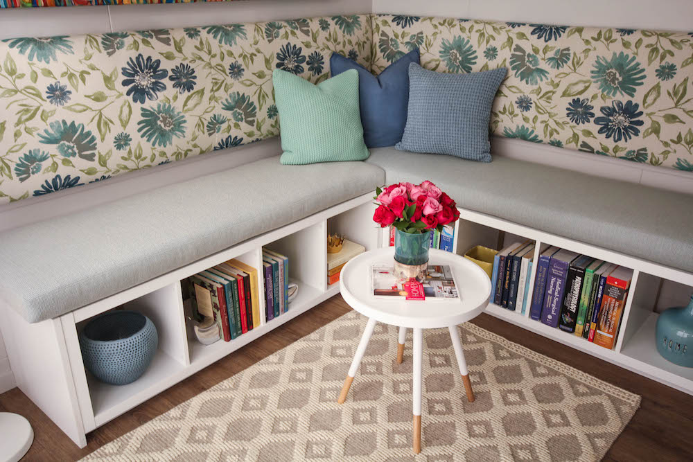 DIY banquette with shelving underneath